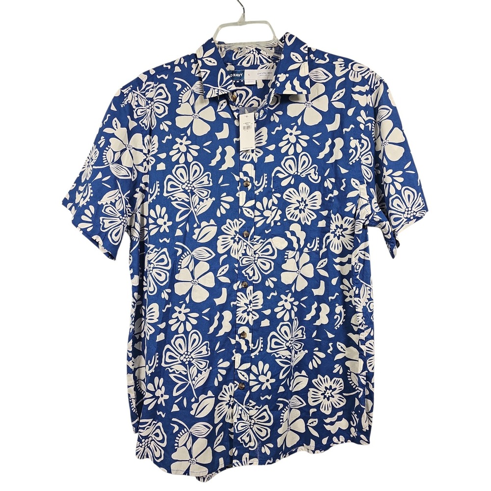 Old Navy Button Down Shirt Floral Hibiscus Blue White Hawaiian Large